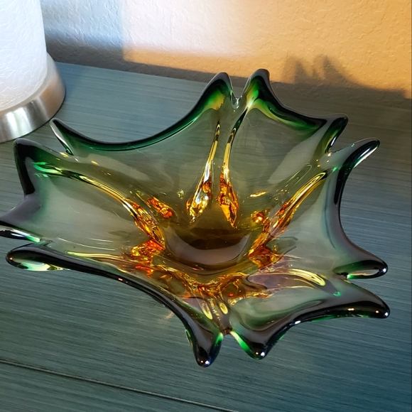 Vintage Handblown Green & Amber Art Glass Mid-Century Modern Art Deco Boho Bowl - Picture 5 of 13